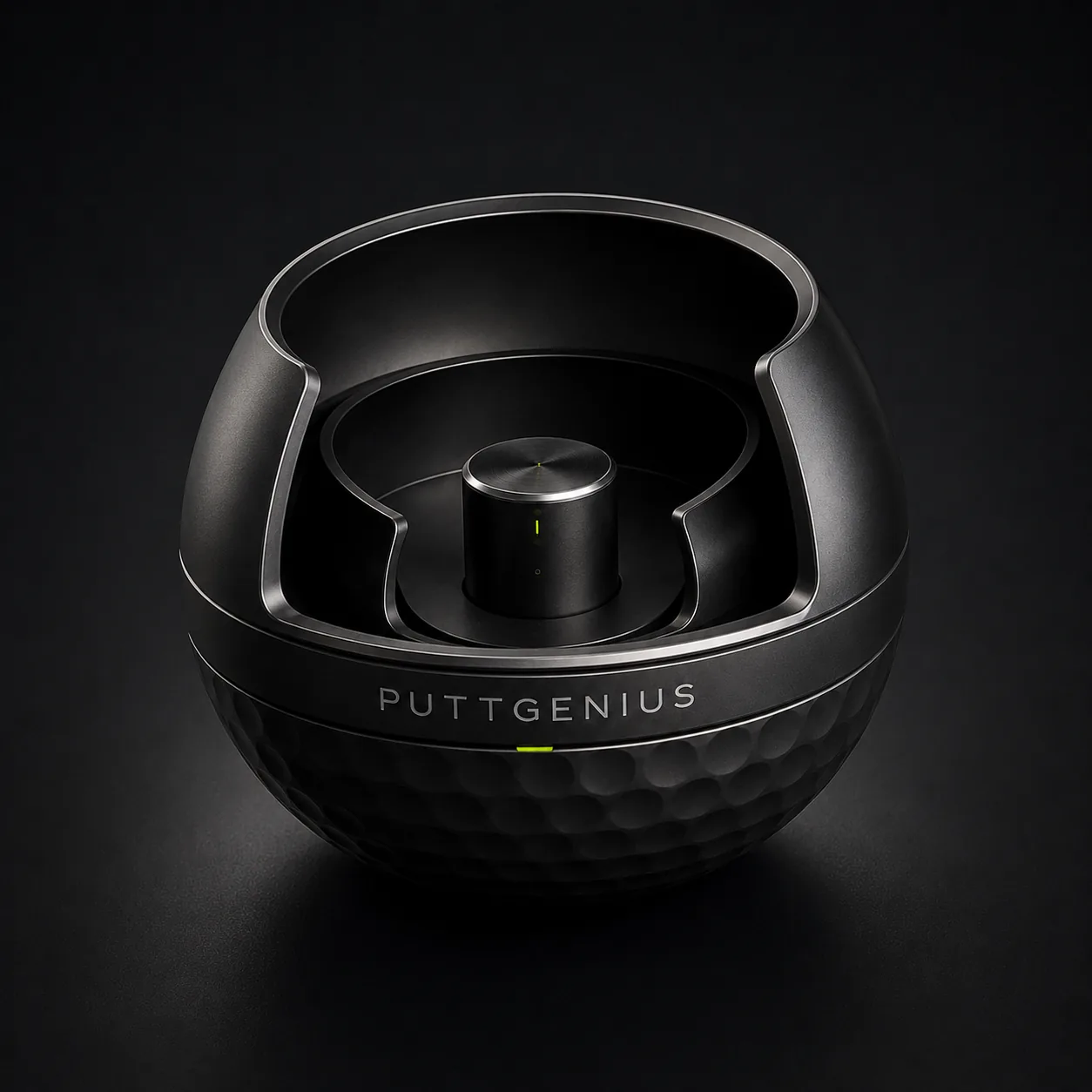 PuttGenius orb, front view, open top showing the central control